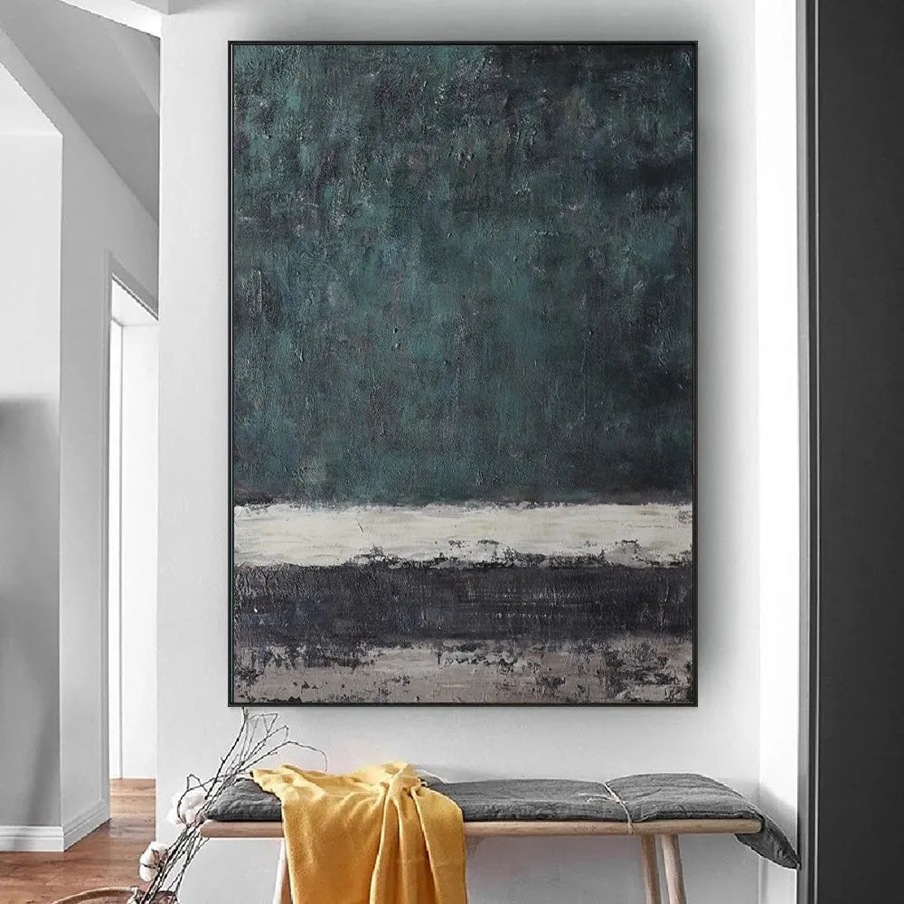 Large abstract handmade painting retro green texture on canvas, hand-painted, vertical orientation, no frame