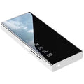 Black 20000mAh portable power bank showing LCD display and two USB ports.