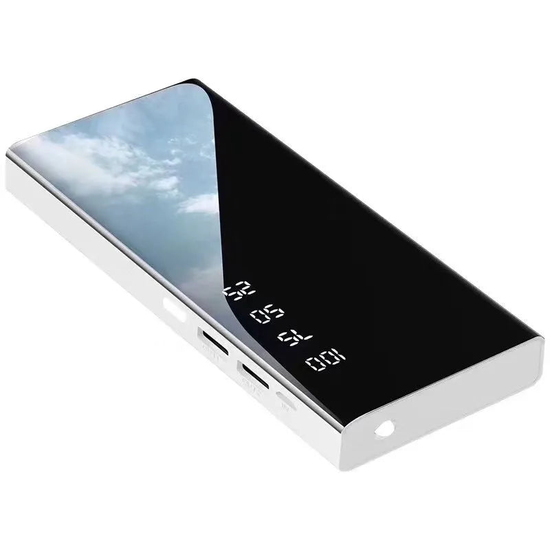 Black 20000mAh portable power bank showing LCD display and two USB ports.