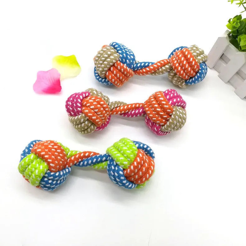 Small dumbbell cotton rope dog toy in multicolour, 17cm length