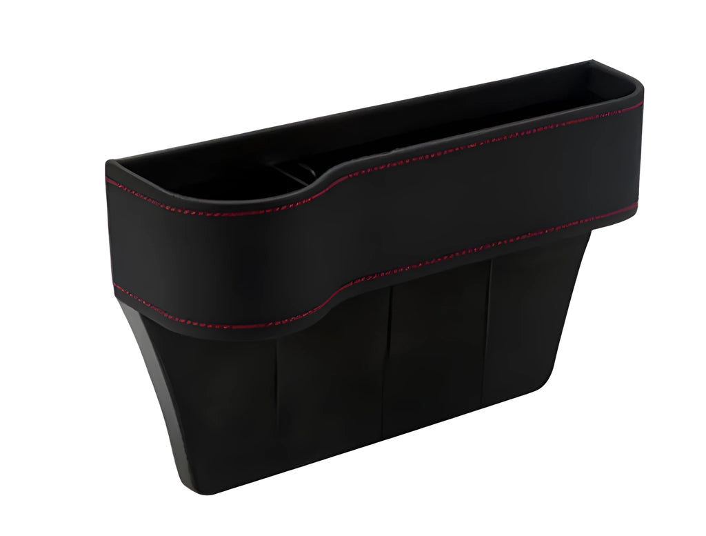 PU leather car seat gap storage box in black holding a smartphone and wallet between the console and seat