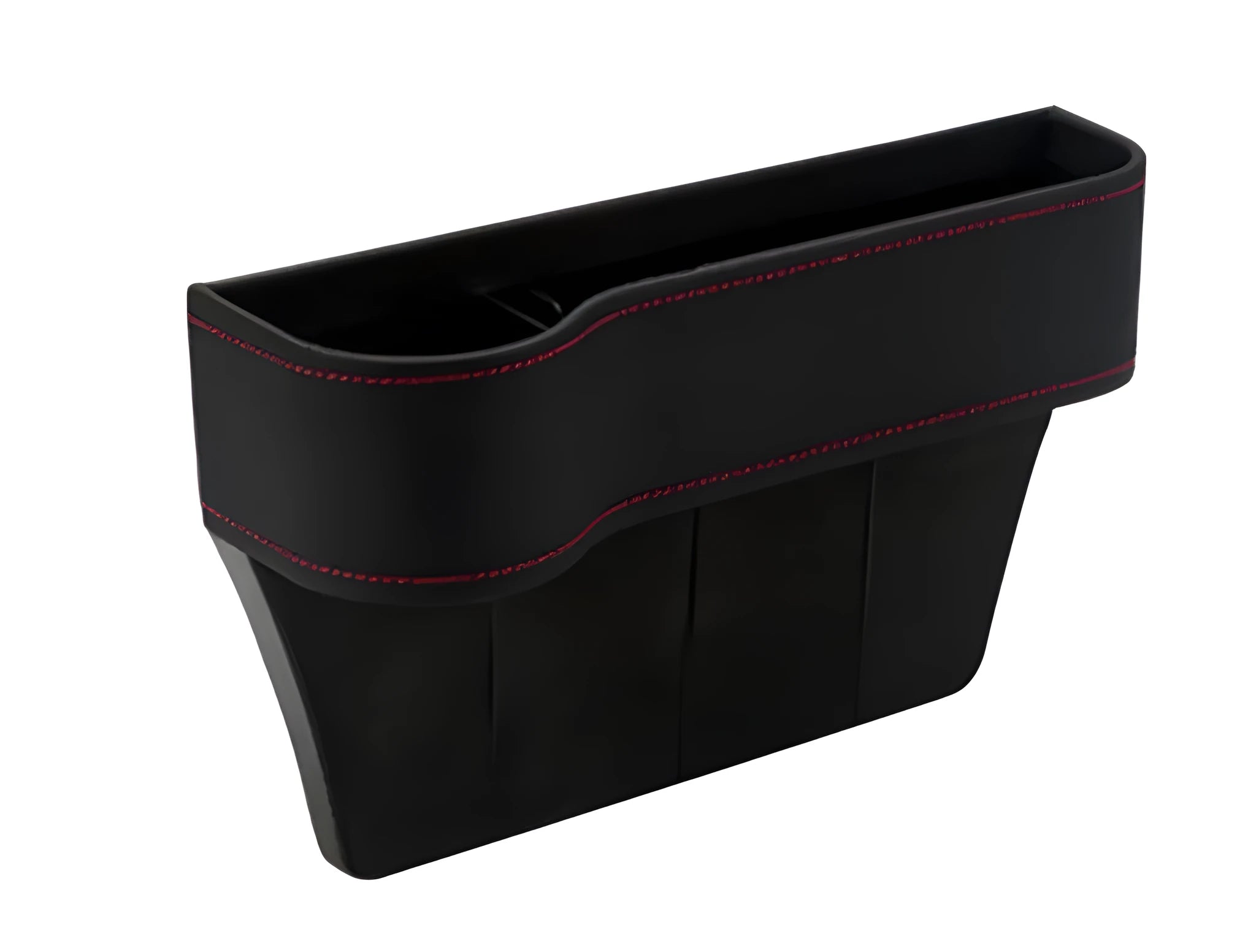 PU leather car seat gap storage box in black holding a smartphone and wallet between the console and seat