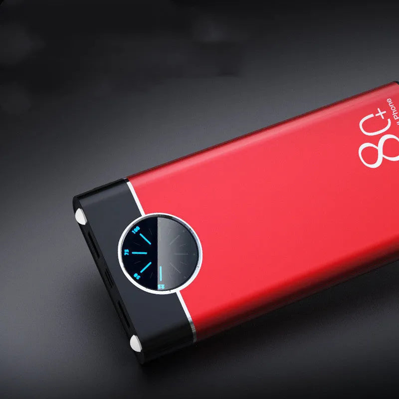 Black 20000mAh alloy portable power bank with LED flashlight showing size scale