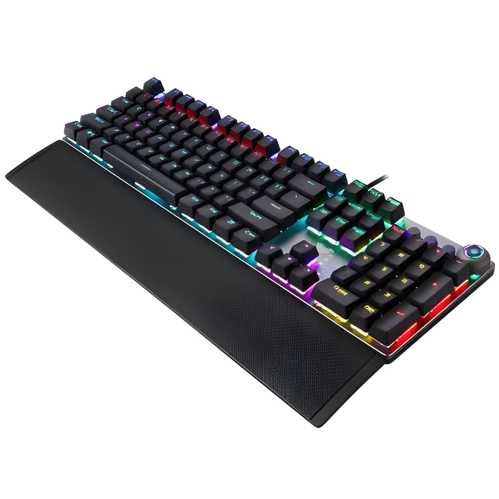 F2088 wired USB mechanical keyboard in black and cyan blue with hand rest on desk
