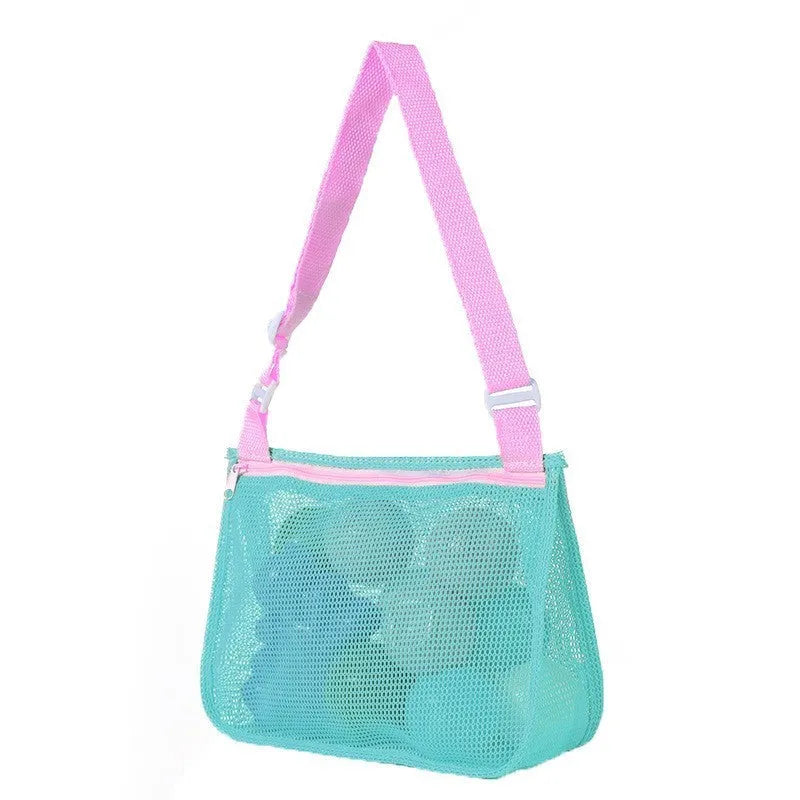 Blue nylon mesh travel storage bag with zip closure for children's toys and clothes
