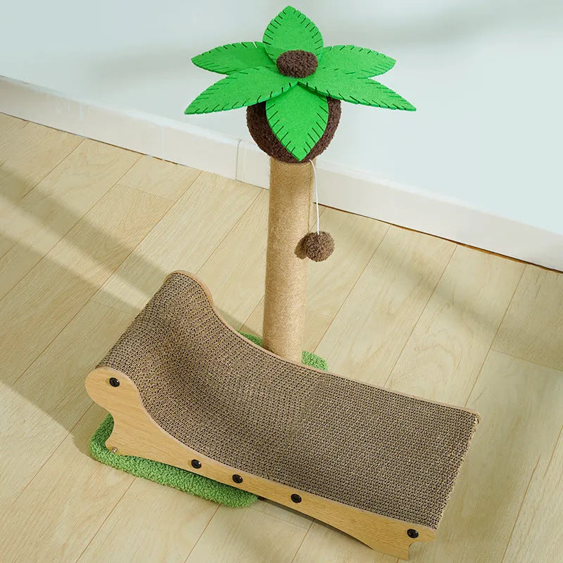 Wooden beach chair style cat climbing frame with integrated scratch board and raised cat bed.