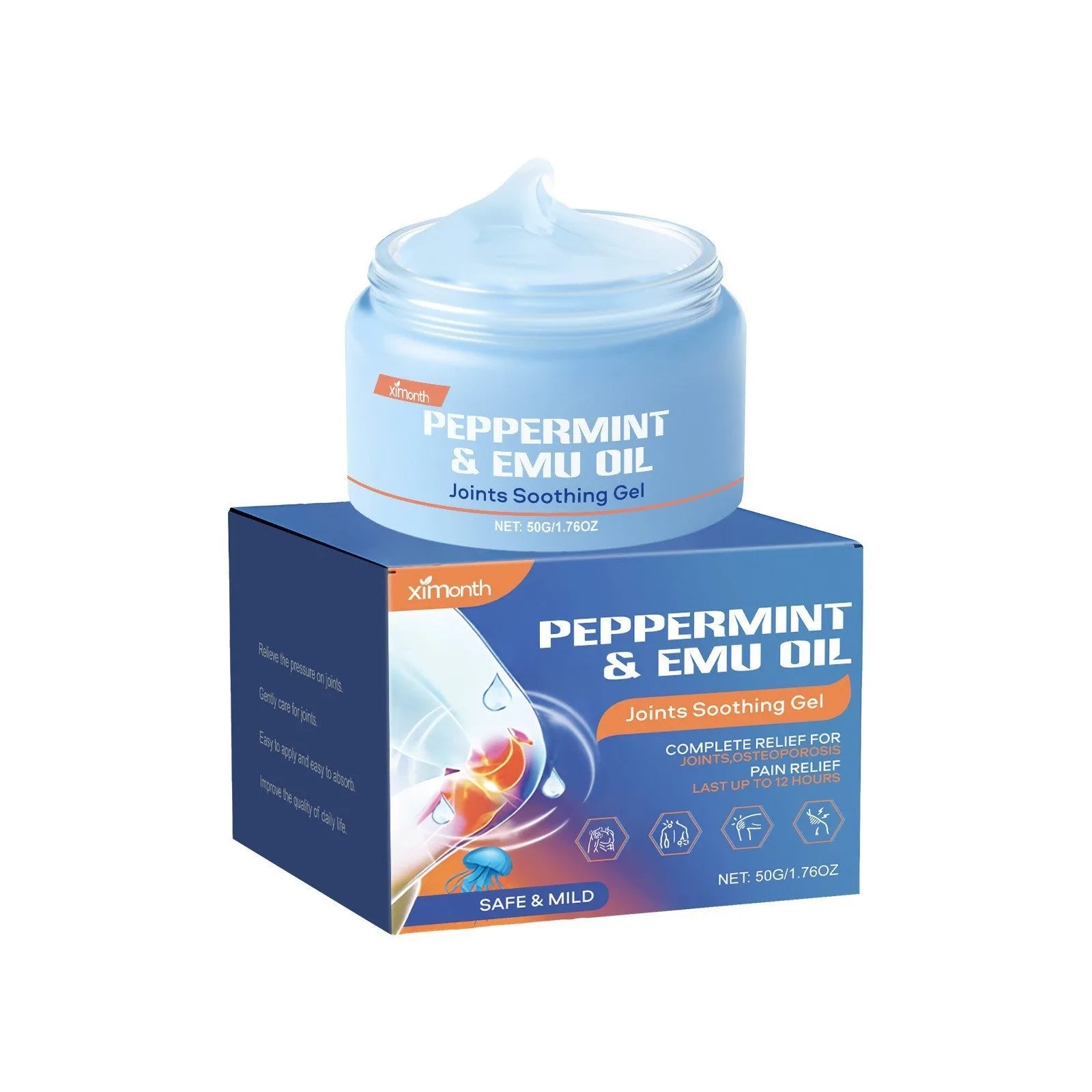 50g white tube of Joint Soothing Gel with menthol, mint, and emu oil on a blue background.