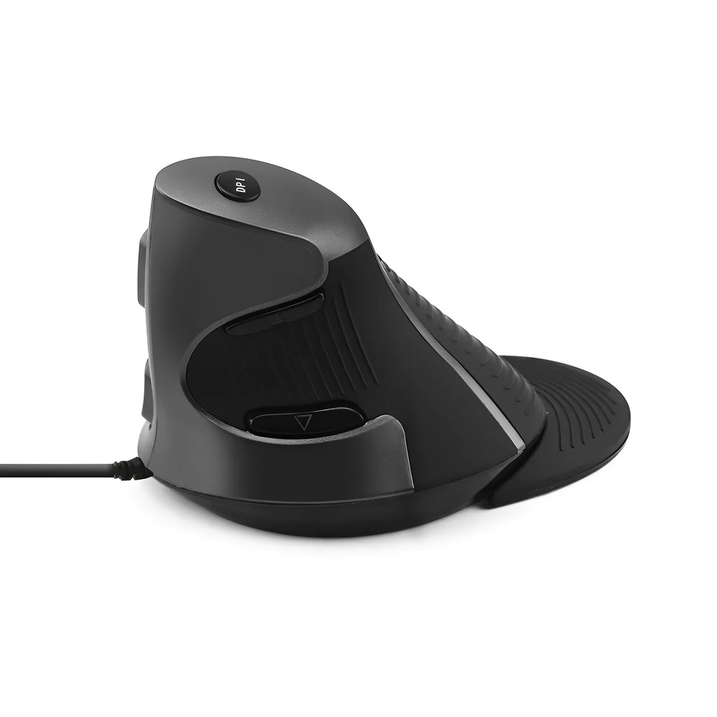 Black and white vertical ergonomic mouse with wired USB connection for desktop computers