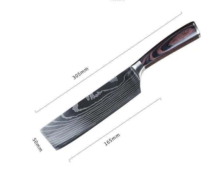 Carpenter's Special kitchen knife with laser Damascus pattern blade and coloured wood handle