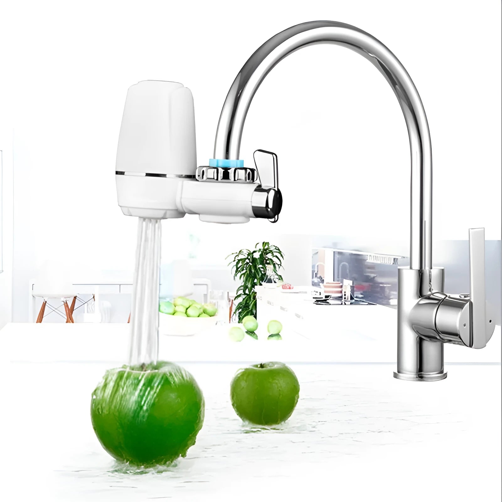 White kitchen faucet water filter with ceramic cartridge and universal thread adapters for tap mounting.