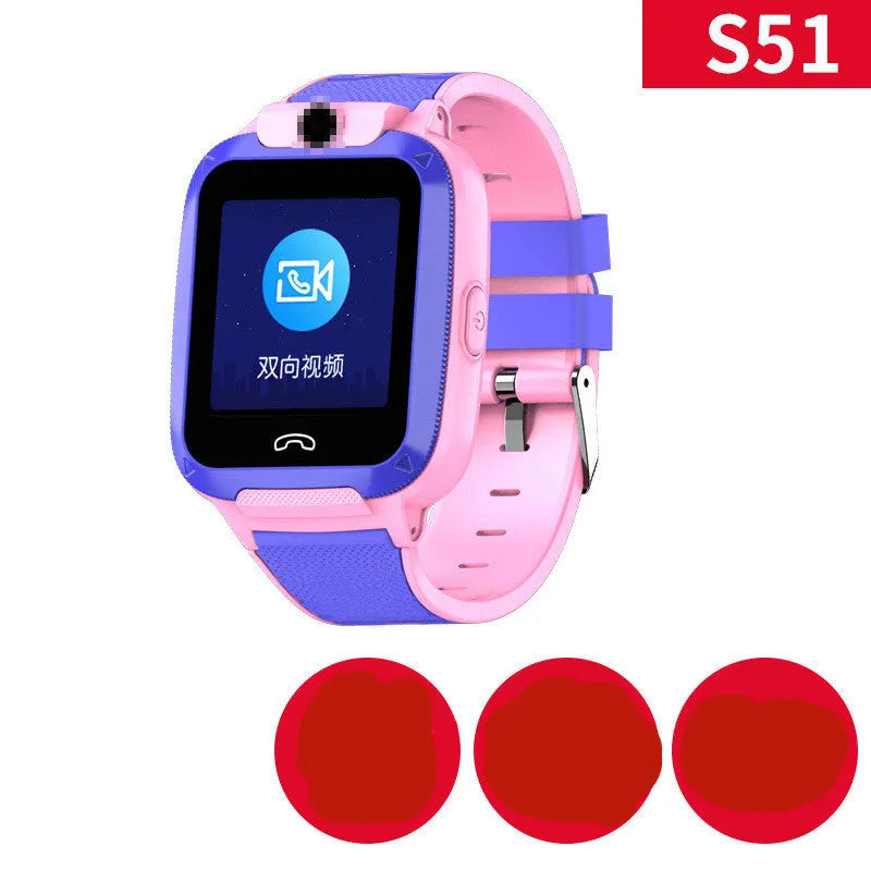 A blue children's GPS smartwatch with a 1.44-inch touchscreen, shown on a wrist.