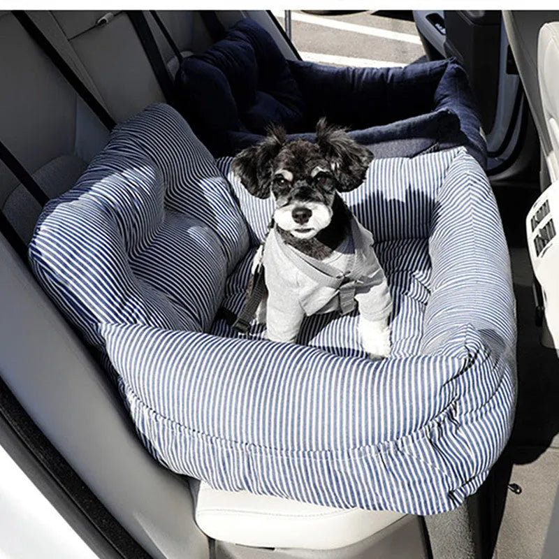 Canvas pet car seat cushion in stripe colour, available in medium 50x45x36cm and large 60x50x36cm sizes on a car seat.