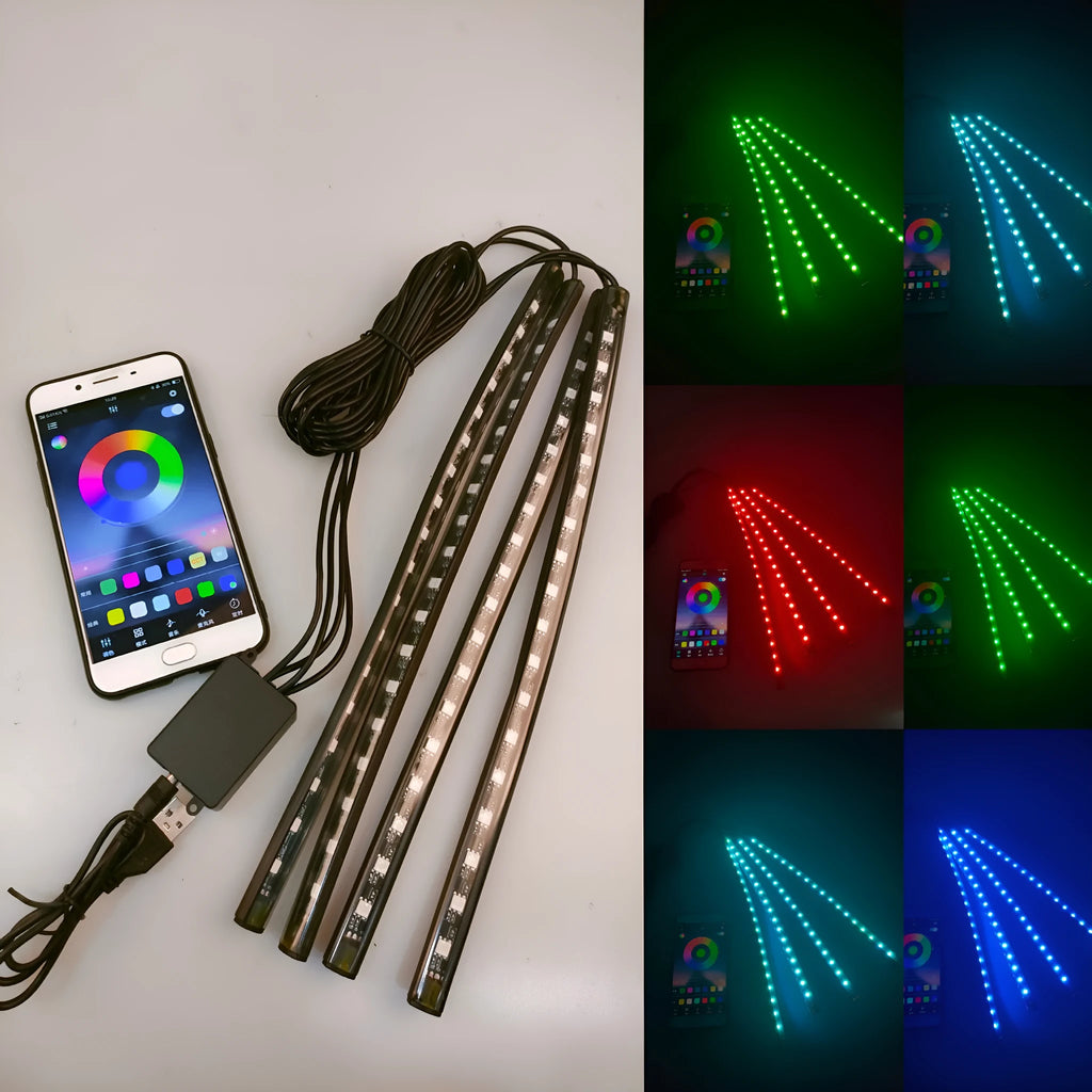 Car LED atmosphere lighting strip showing eight RGB colours with voice control and app connectivity