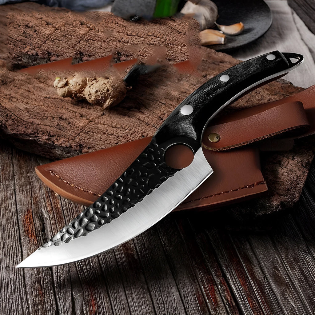 Butcher knife set with small curved scimitar and boning knife in leather sheath