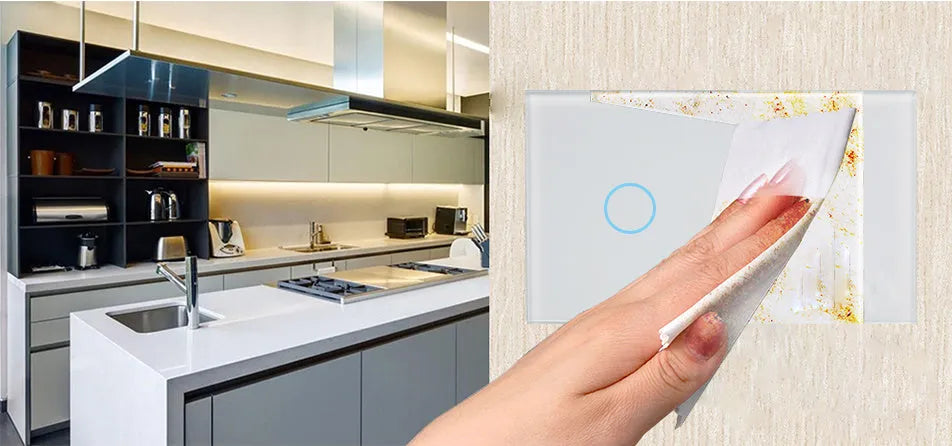 White 2-gang RF remote control touch light switch with tempered glass panel.