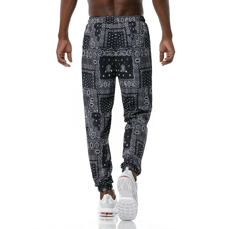 Ethnic printed slacks in Korean straight-leg style with mid-waist rise, no belt, available in sizes S to XXL