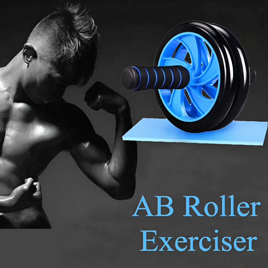 Dark blue double-wheel abdominal roller with sponge grips, push-up support and palm guard, 16.5cm and 14.5cm roller diameters