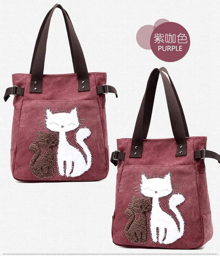 KVKY women canvas bag with plush cat applique in beige, showing shoulder strap and front pocket