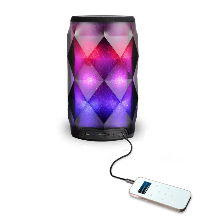 Black crystal diamond cut Coke can shaped lantern Bluetooth speaker with colourful starry sky lighting effect.