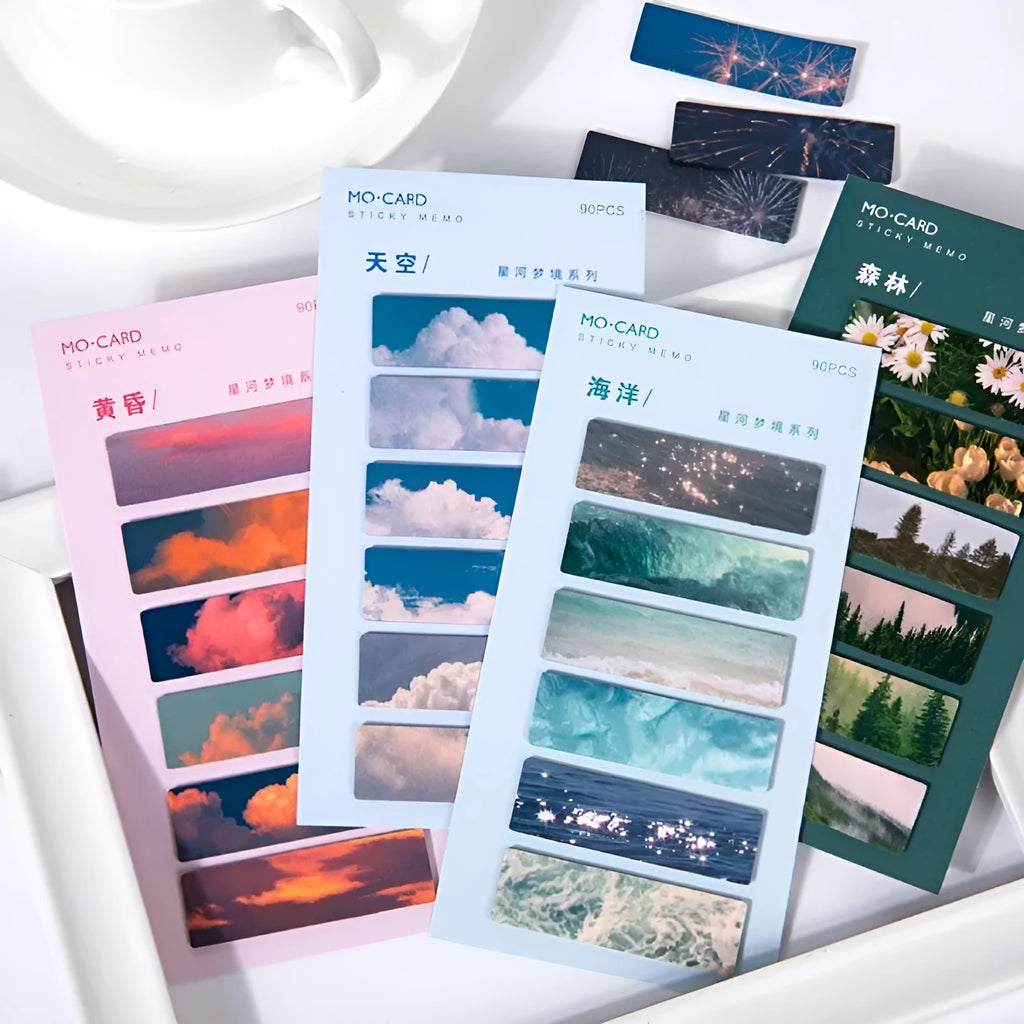 Pack of 90 translucent star-design index cards in sky, moon, ocean, fire, dusk, and forest colours.