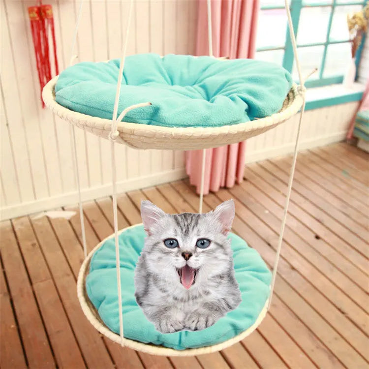 Straw cat hammock with climbing frame 50cm natural hemp rope cat bed