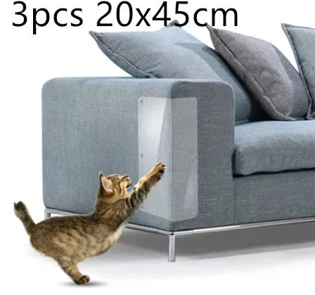 Two transparent PVC self-adhesive cat claw protector pads on a leather sofa arm, each 47x15cm