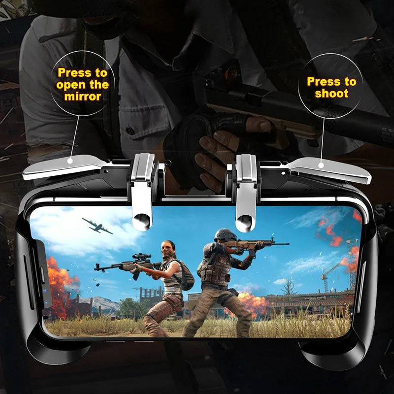 Mobile game controller handle with telescopic arms clipped to smartphone