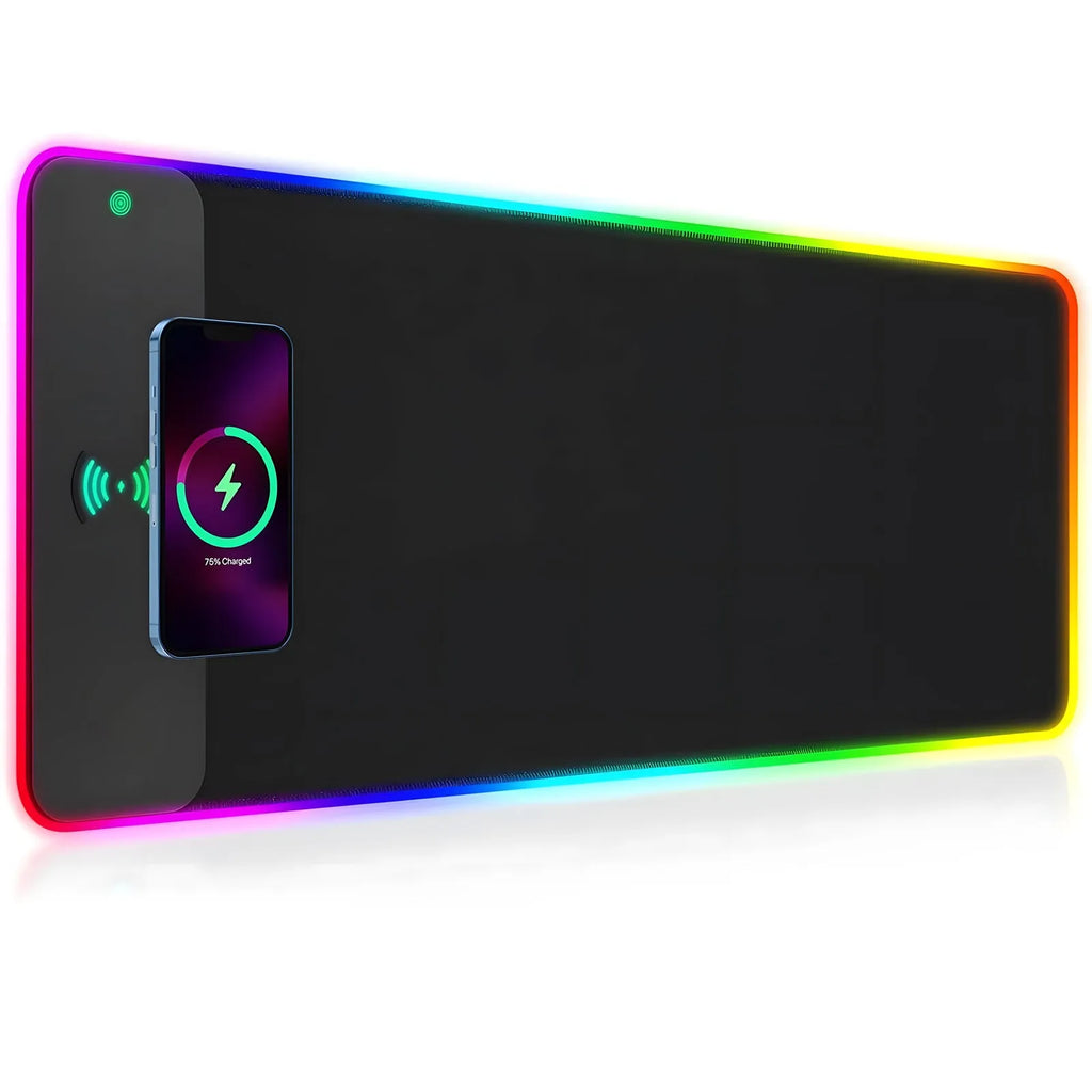 Oversized pure black wireless charging RGB luminous mouse pad with non-slip rubber base and 3mm thickness for gaming