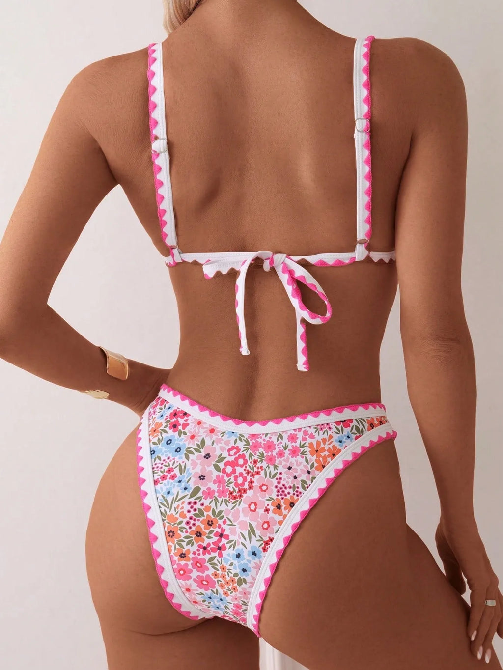 Women's printed lace-up bikini swimsuit in picture colour with adjustable front