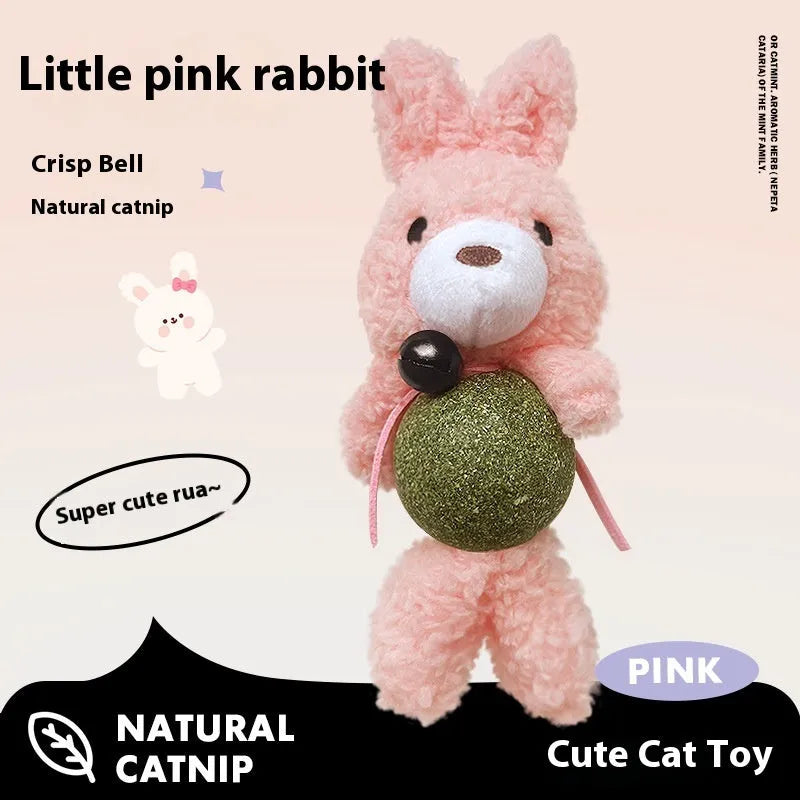 Brown Bear plush cat toy with a green mint ball and a small silver bell attached, shown next to a tape measure indicating 15cm height.