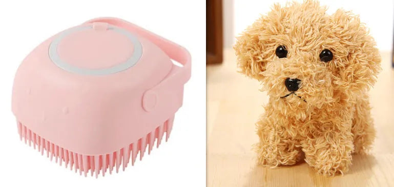 Blue silicone dog bath brush with soft bristles for washing and massage