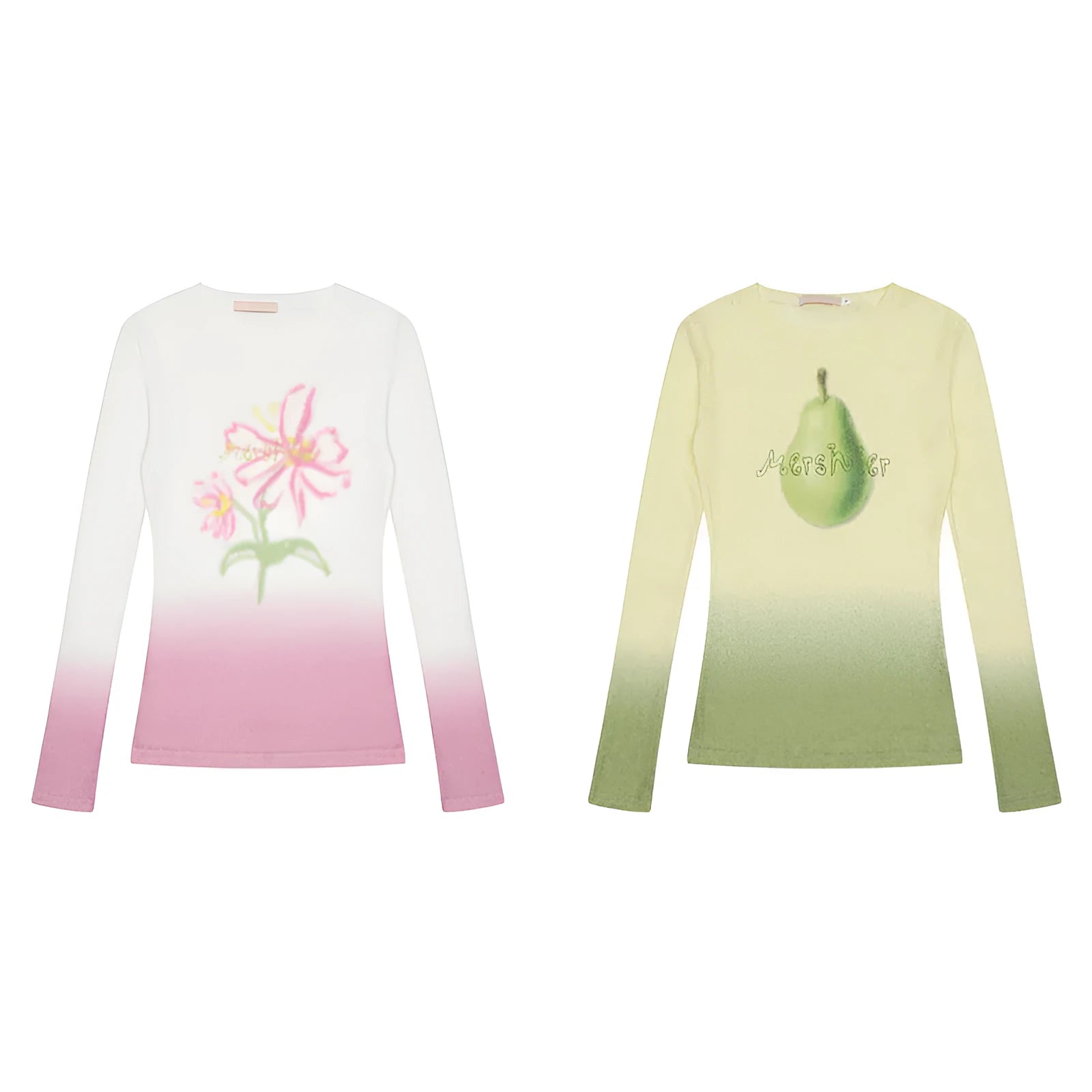 Women's gradient flower long-sleeved T-shirt in yellow green colour with floral pattern