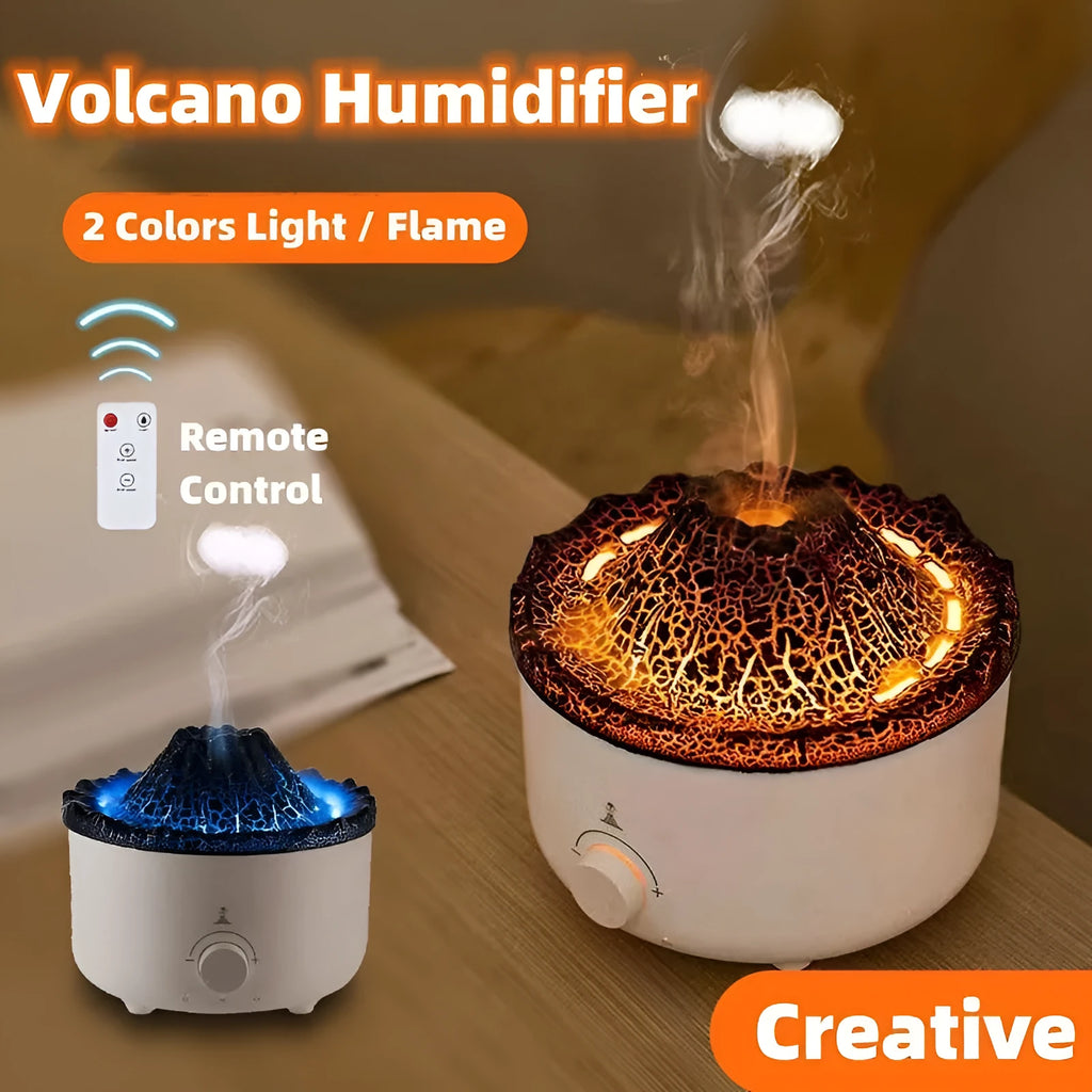 White simulated flame volcano humidifier and aroma diffuser with remote control on wooden surface