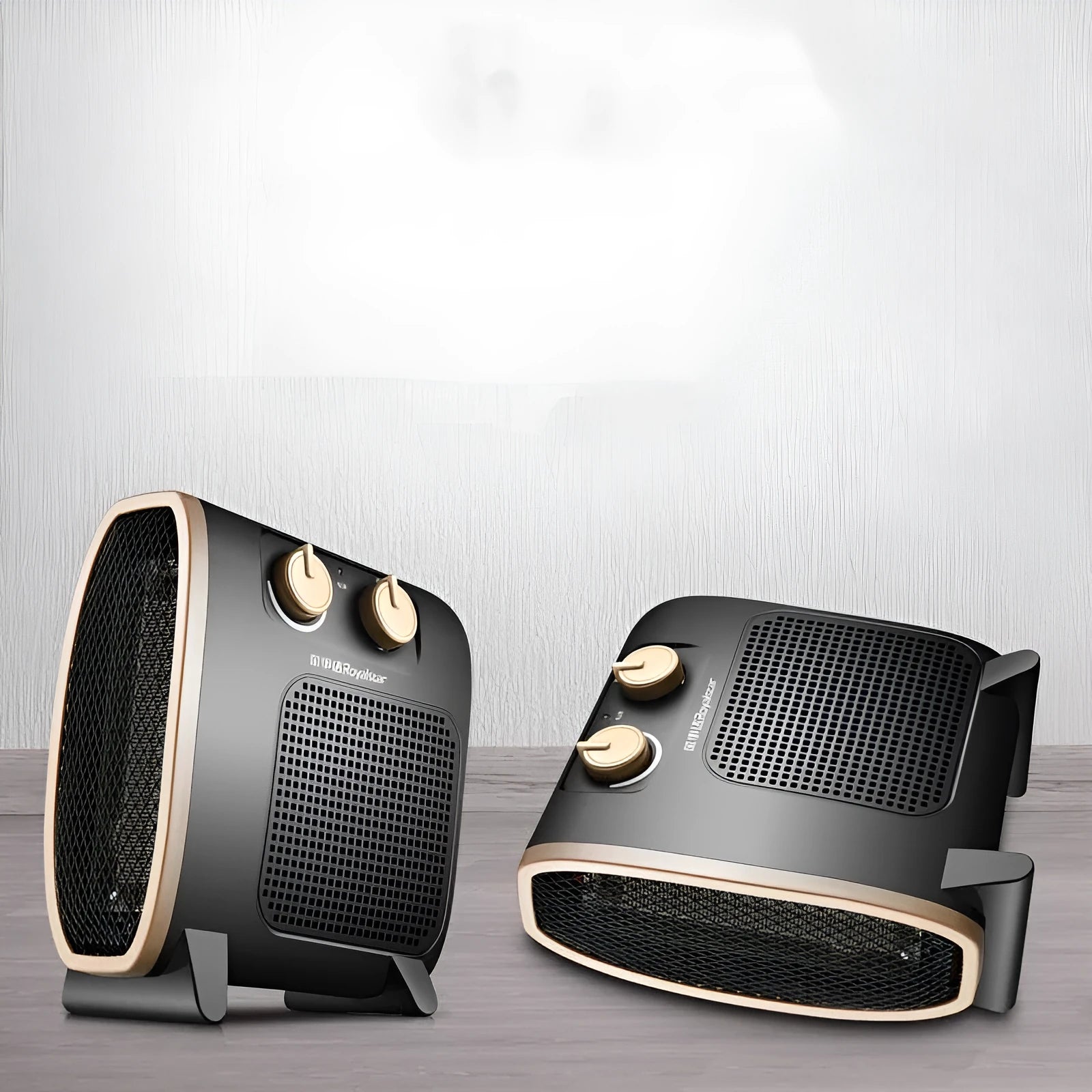 White electric fan heater with mechanical dial controls and grill.