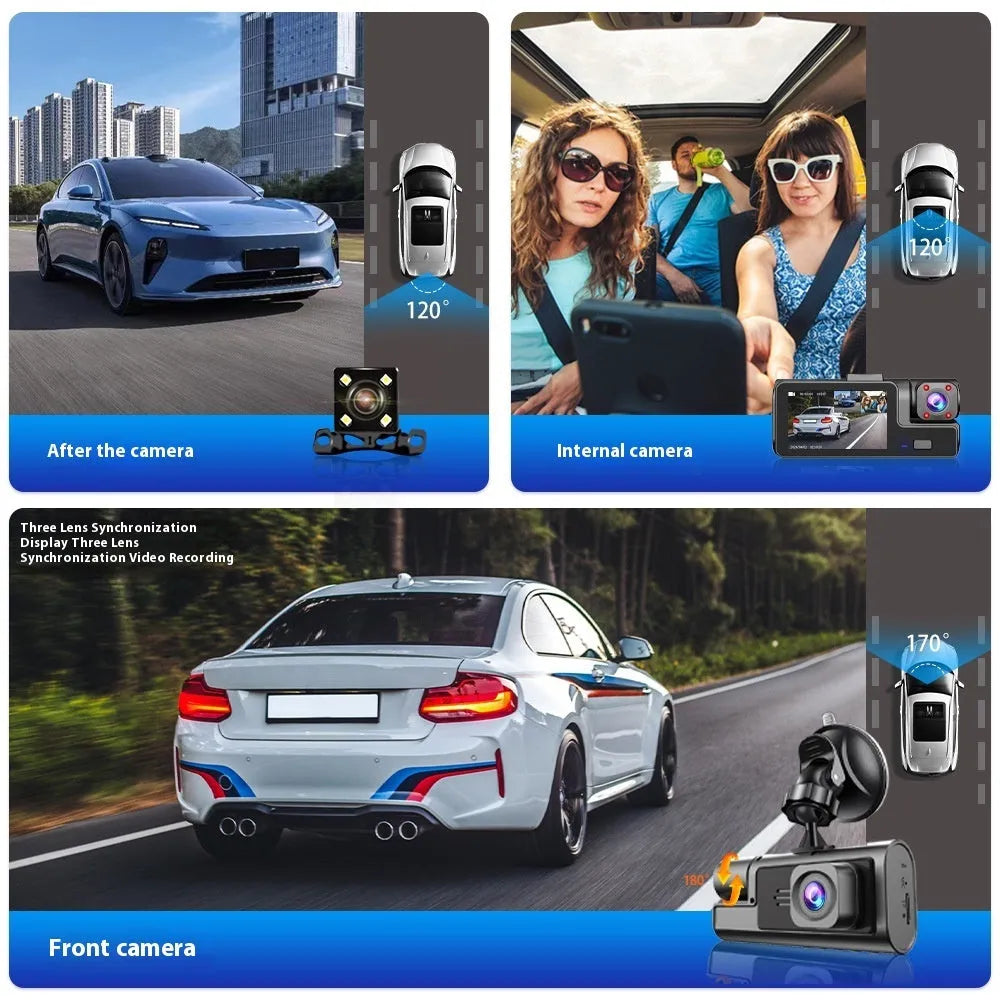 Black WiFi driving recorder with 2-inch screen mounted on car windscreen, showing dual camera setup.