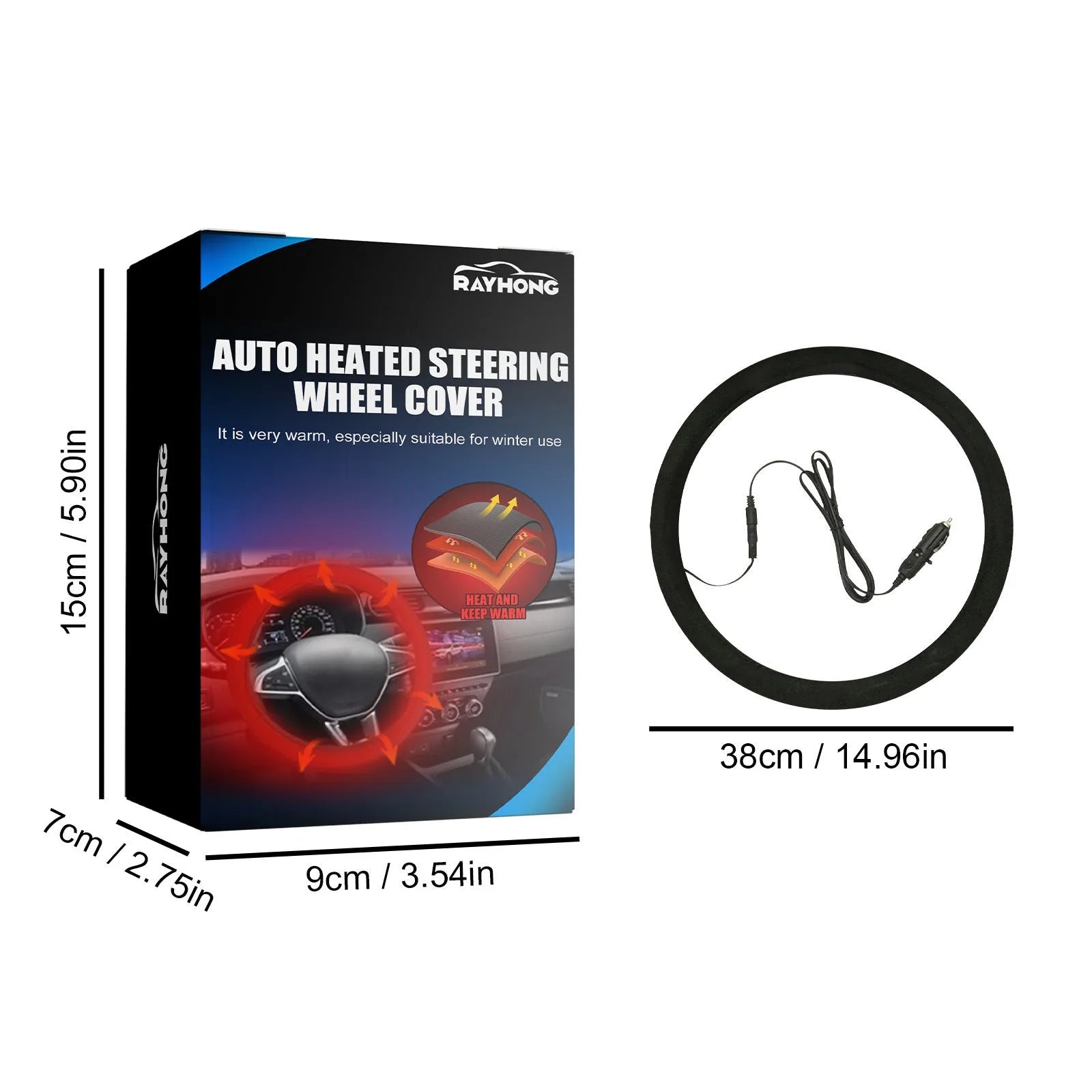 Black suede automobile steering wheel heating sleeve with power lines