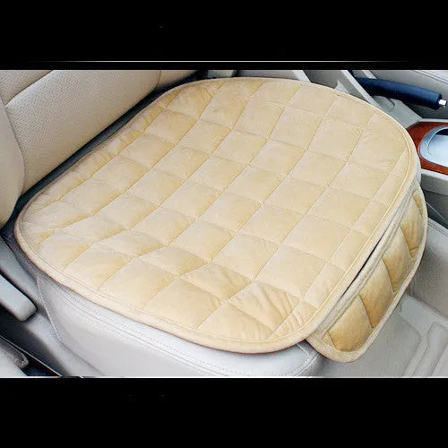 Checkered embroidered plush car seat cushion set in brown, beige, black or grey with non-slip backing