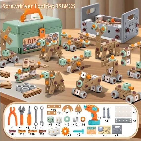 Children's plastic screw toy assembly set with colourful building blocks and storage box for boys aged 3-6