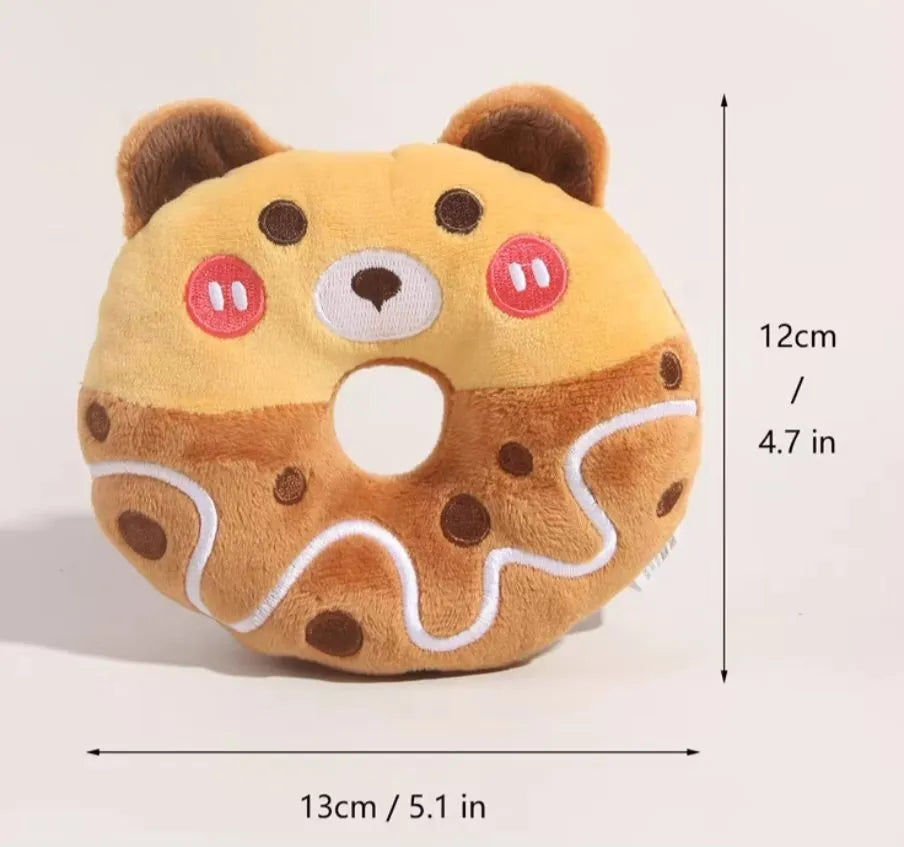 Plush donut sound toy for small and medium pets in bear, frog and unicorn colours with PE bag
