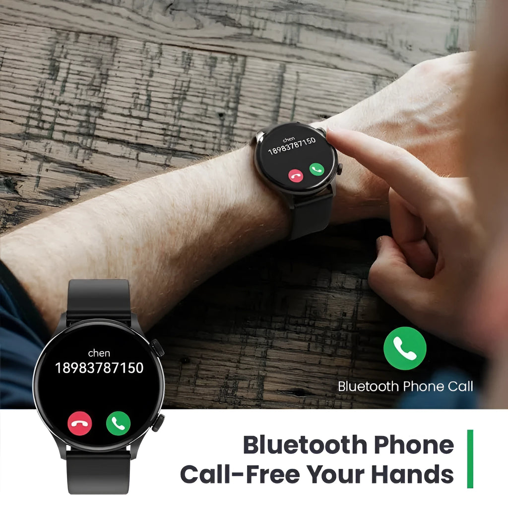 Black or white Bluetooth smartwatch on wrist showing AMOLED display with heart rate and call icons.