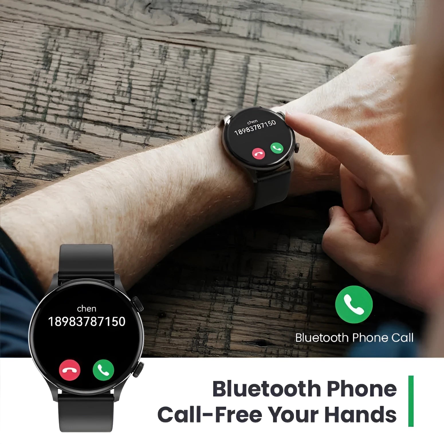 Black or white Bluetooth smartwatch on wrist showing AMOLED display with heart rate and call icons.
