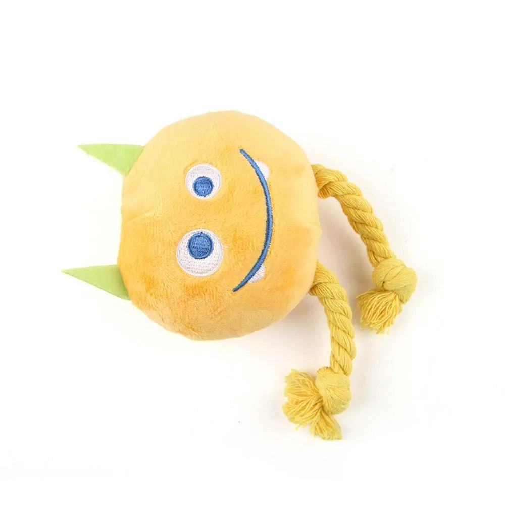 Blue and yellow cartoon character dog squeaky toy with strong knot rope design