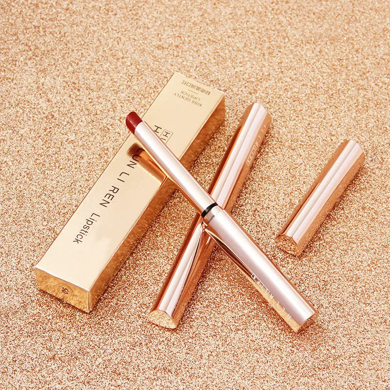 Golden thin tube semi-matte velvet lipstick in six shades, moisturising formula with glycerin and mineral oil.