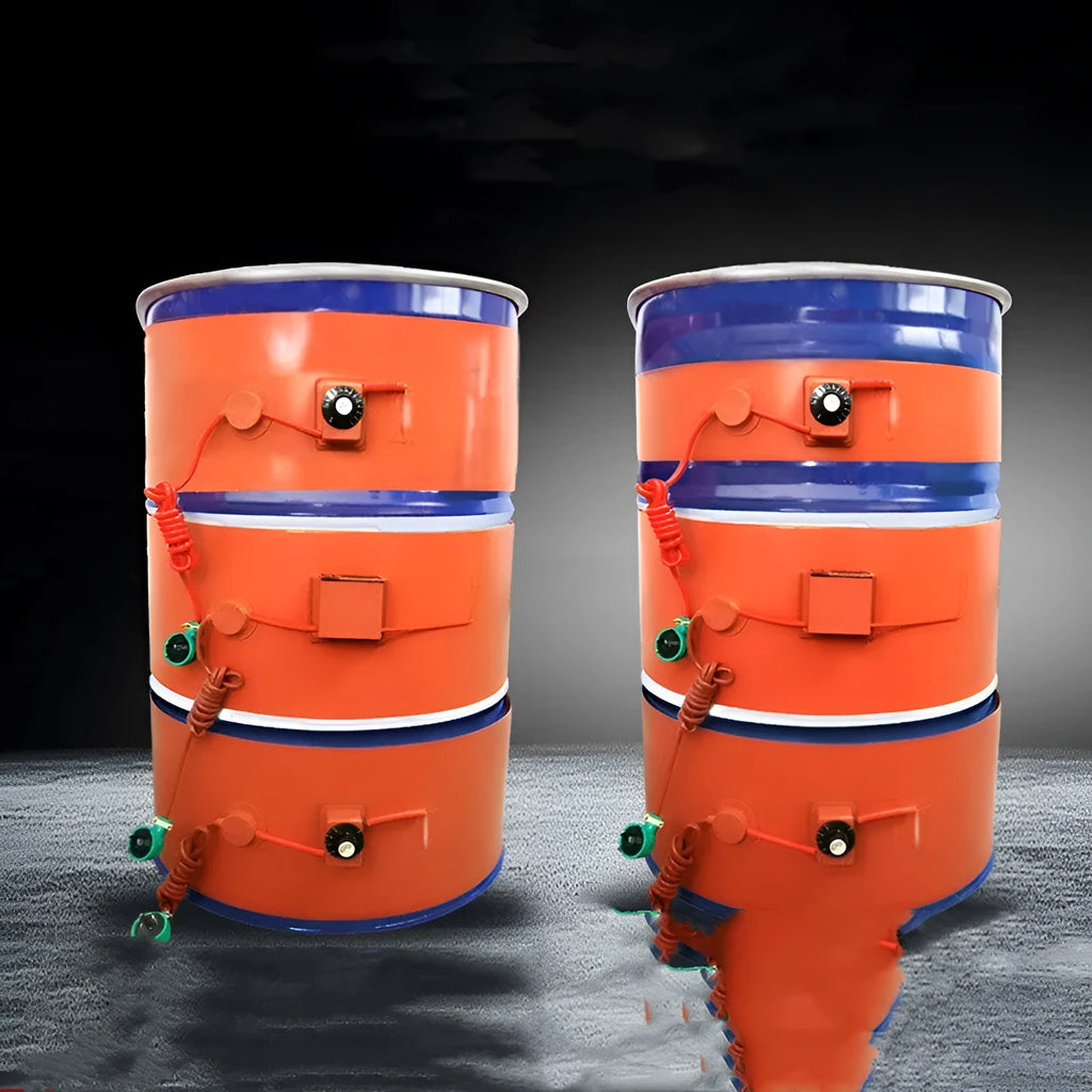 Silicone rubber heating belt wrapped around a 200-litre oil drum with digital display control.