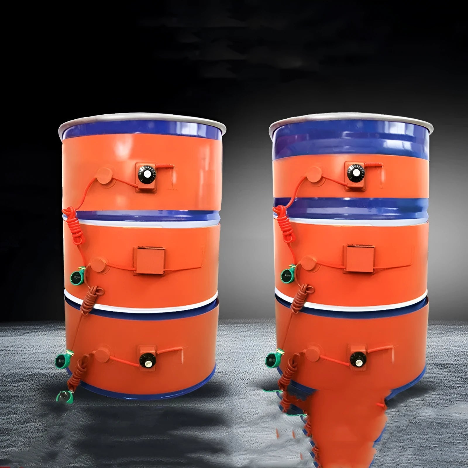 Silicone rubber heating belt wrapped around a 200-litre oil drum with digital display control.
