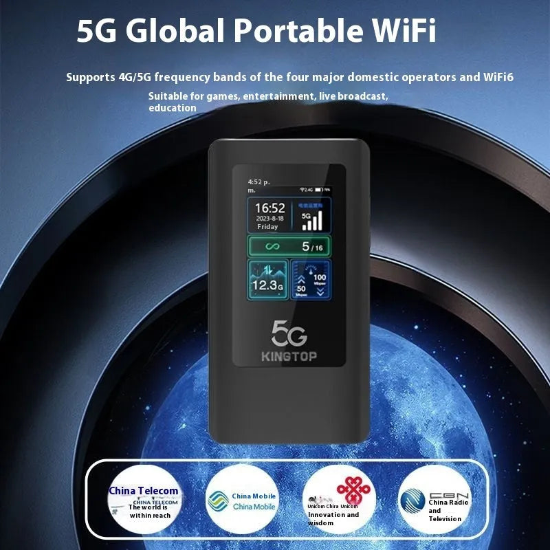 Black portable 5G Wi-Fi router with LCD display showing connectivity status and battery level