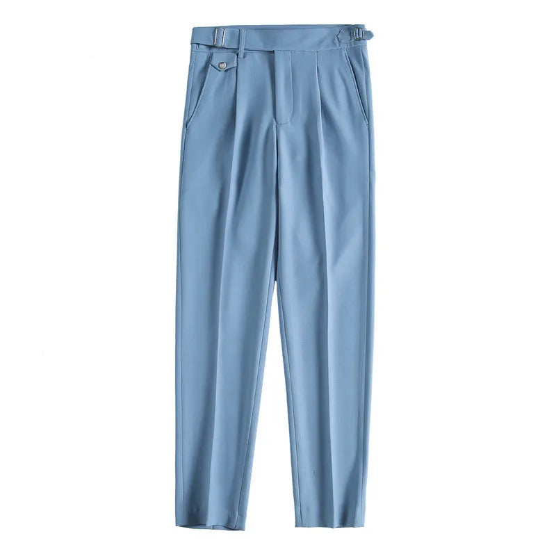 Straight-leg casual trousers in polyester fabric shown in a solid colour on a model.