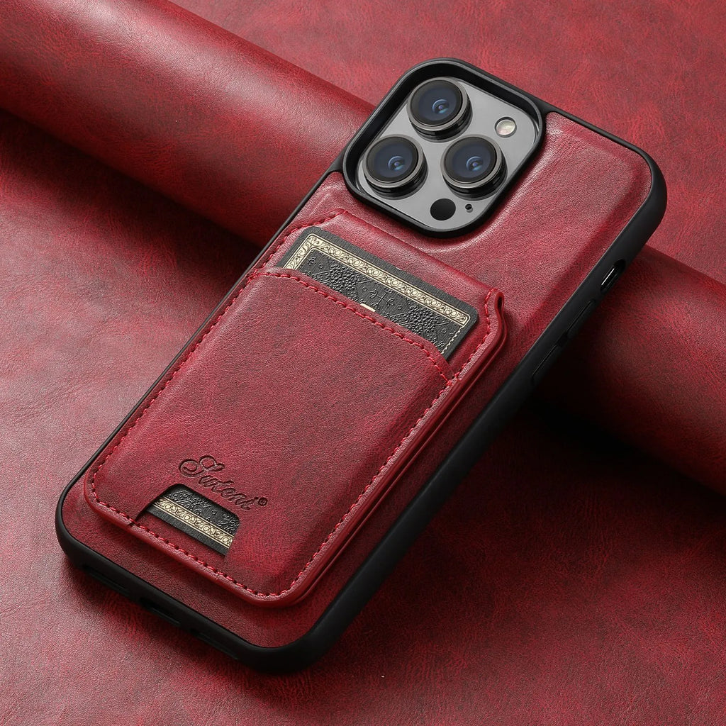 Black silicone iPhone case with Magsafe ring and rear card slot, showing oil wax pattern texture.