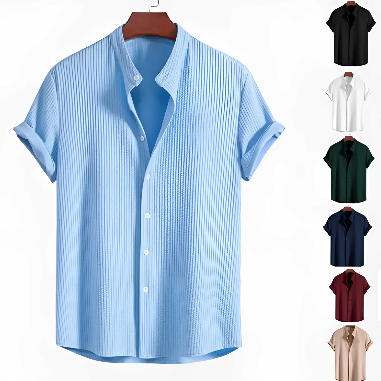 Mans loose-fitting short sleeve casual shirt in solid colour on hanger.