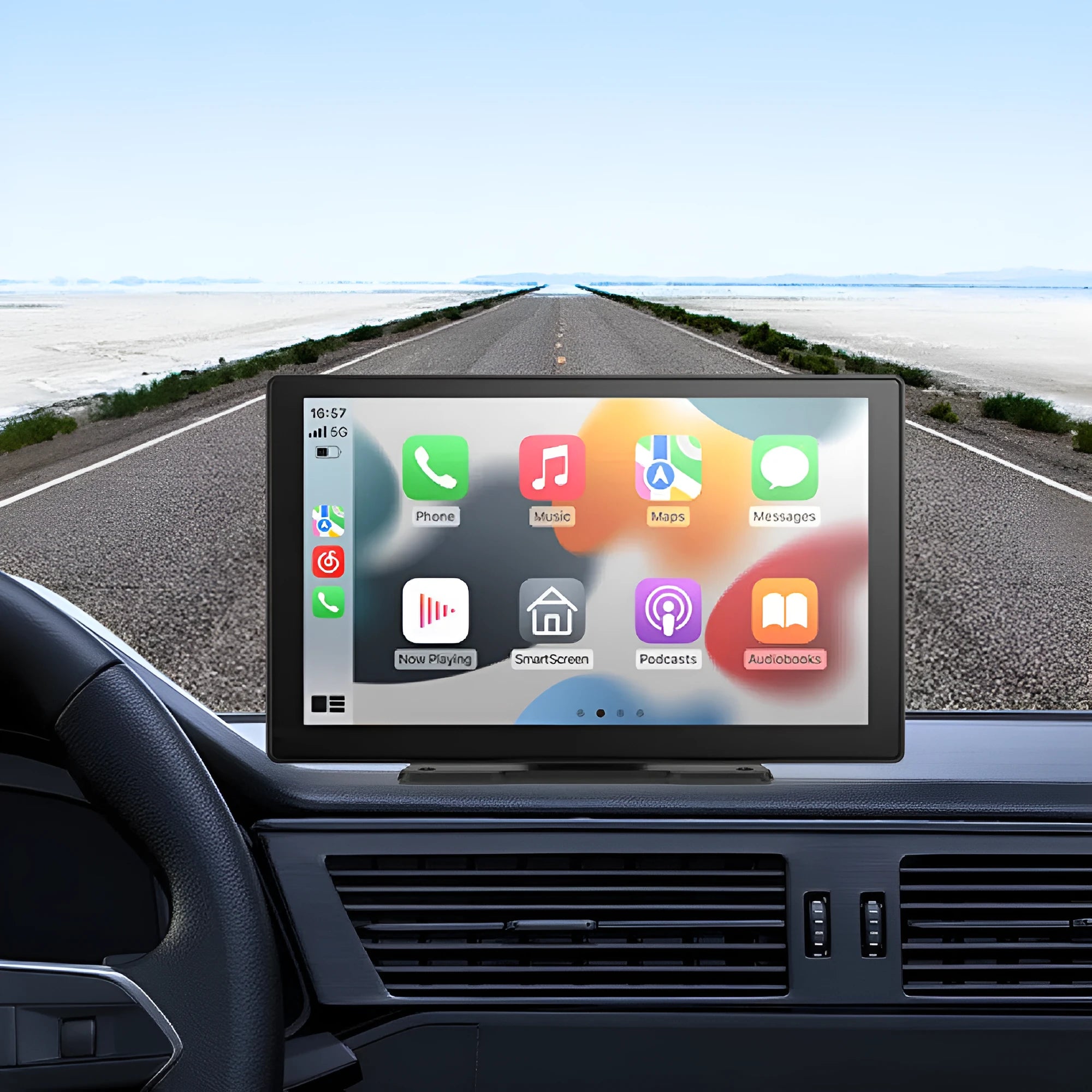 9-inch CarPlay driving recorder with dual cameras for front and rear recording installed in vehicle centre console